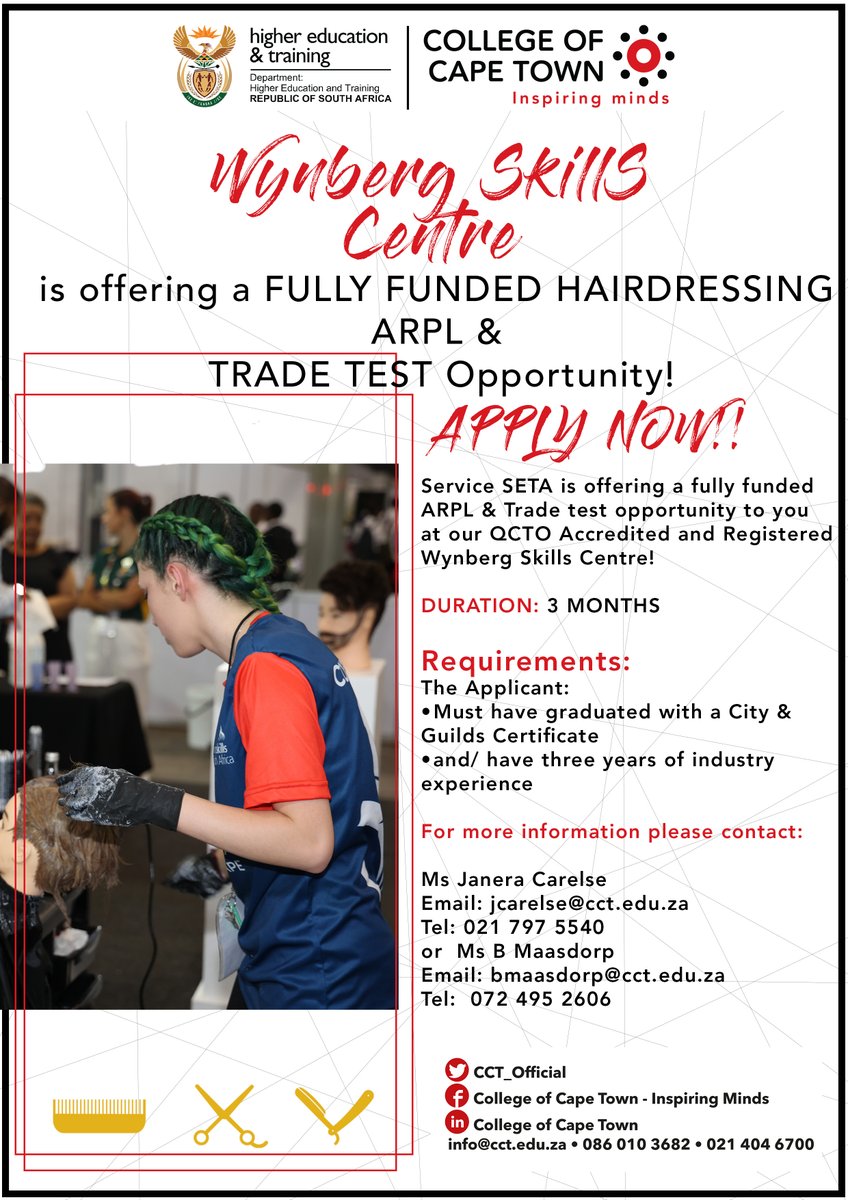 College of Cape Town (@cct_official) on Twitter photo Fully Funded Hairdressing ARPL & Trade Test Opportunity!
Don’t miss this incredible opportunity—apply today! Fully Funded Hairdressing ARPL & Trade Test Opportunity!
Don’t miss this incredible opportunity—apply today!