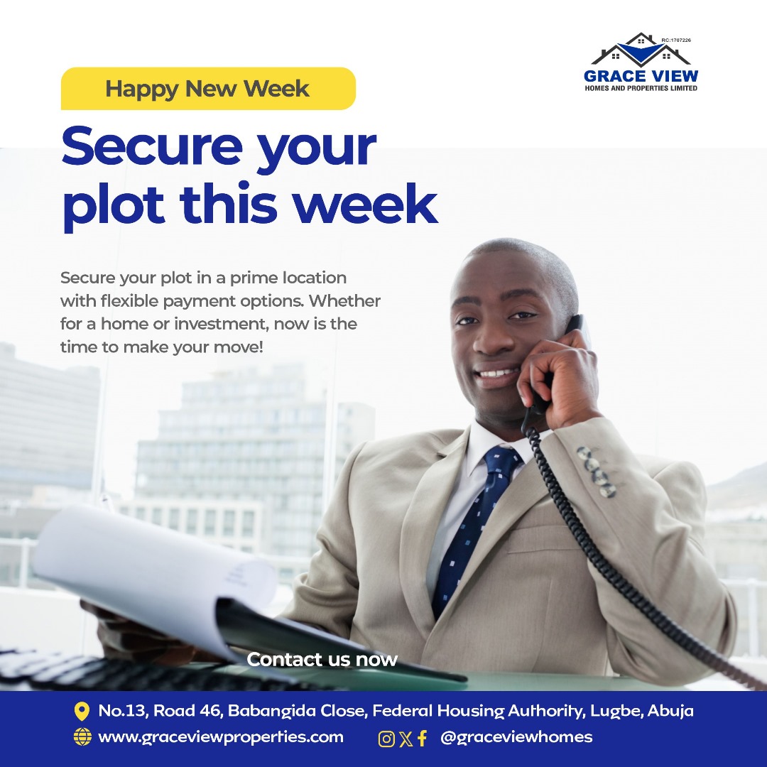 GraceViewProp's tweet photo. Secure your plot this week and take a step toward owning your dream property.

With prime locations and flexible payment options, now is the perfect time to invest!

📍 Visit us at: No.13, Road 46, Babangida Close, FHA, Lugbe, Abuja
🌐 https://t.co/T7ceOTWxuS
📞 Contact us now! https://t.co/a2jSDaRAyA