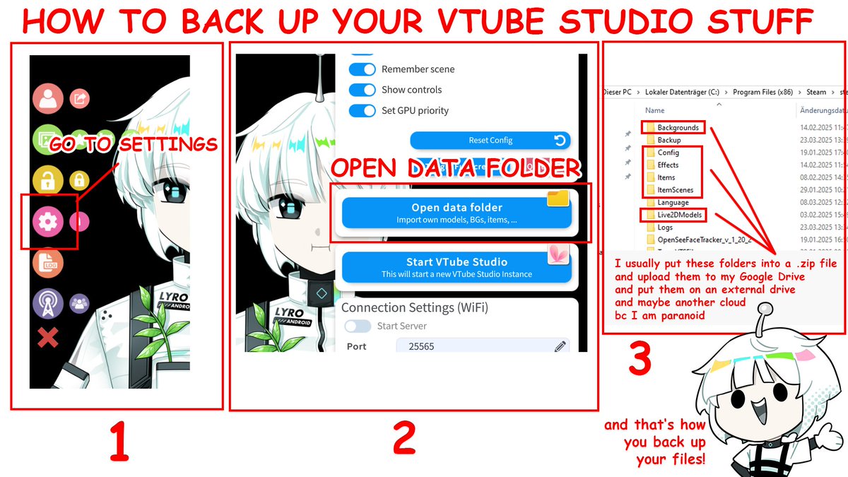 lyro_vt's tweet image. Dear VTubers, better be safe than sorry! So here's how to BACK UP your VTube Studio files in 3 easy steps! 👍 This includes: your backgrounds, your items, the item scenes, your models + all their settings, visual effects and general settings!