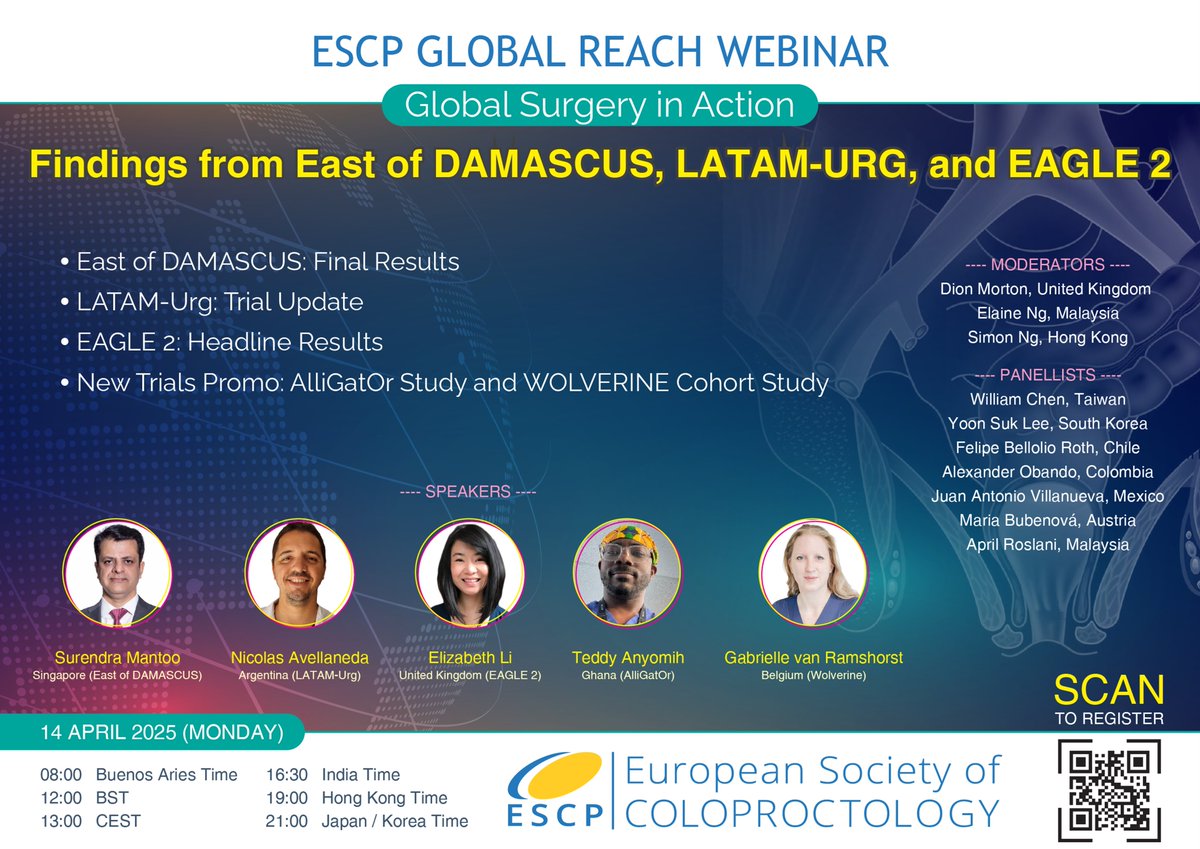 EAGLE Study (@eagleescp) on Twitter photo Are you ready to hear the world first results from EAGLE 2, as well as findings and latest news from other key studies? 🌎
Join the next <a href="/escp_tweets/">European Society of Coloproctology</a> global reach webinar on 14th April at 13:00 CEST.
Register your free place at tinyurl.com/2s37fy78. Are you ready to hear the world first results from EAGLE 2, as well as findings and latest news from other key studies? 🌎
Join the next <a href="/escp_tweets/">European Society of Coloproctology</a> global reach webinar on 14th April at 13:00 CEST.
Register your free place at tinyurl.com/2s37fy78.