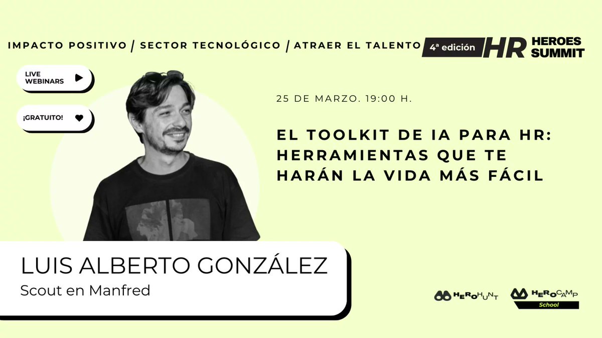 🔧 IA para HR: herramientas para una vida más fácil

Si trabajas en People &amp; Culture y aún no usas IA, algo te estás perdiendo. Mañana, en #HRHeroesSummit, <a href="/Luisalgonfer112/">Luis Alberto González Fernández</a>, te enseña herramientas que pueden mejorar tu día a día.
⏰19h
🎟Online y GRATIS😎
 theherocamp.com/hr-heroes-summ…