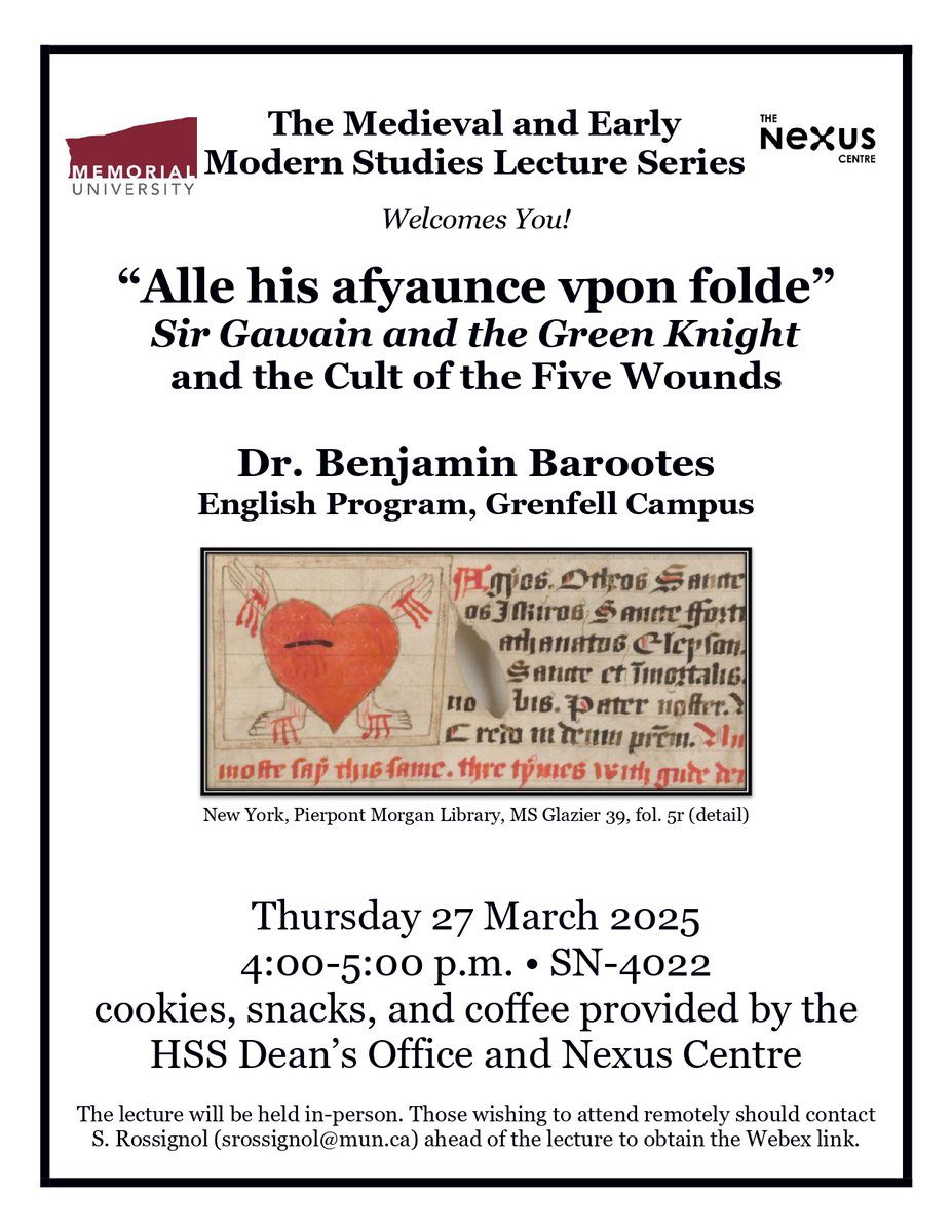 Reminder! Benjamin Barootes is visiting St. John's this week and will give a lecture at the Nexus Centre on Thursday. Refreshments will be served.