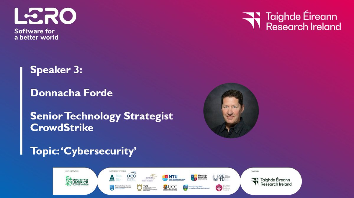 Lero (@lerocentre) on Twitter photo Excited to announce <a href="/DonnachaForde/">Donnacha Forde</a>, Senior Technology Strategist at <a href="/CrowdStrike/">CrowdStrike</a>, as our #LeroIndustryDay speaker! 👏
Donnacha will explore #Cybersecurity — a critical topic in today’s world. Don’t miss it!
📅 April 16th
🎟️ Secure your spot now - lnkd.in/eeC2MFrg Excited to announce <a href="/DonnachaForde/">Donnacha Forde</a>, Senior Technology Strategist at <a href="/CrowdStrike/">CrowdStrike</a>, as our #LeroIndustryDay speaker! 👏
Donnacha will explore #Cybersecurity — a critical topic in today’s world. Don’t miss it!
📅 April 16th
🎟️ Secure your spot now - lnkd.in/eeC2MFrg