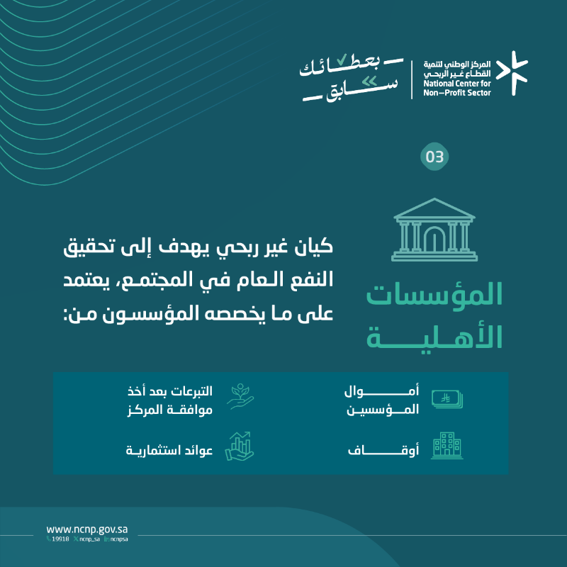 ncnp_sa's tweet photo. المؤسسات الأهلية، الجمعيات الأهلية، والصناديق العائلية: كيانات غير ربحية تهدف إلى تعزيز الترابط، ودعم الاستدامة، وتحقيق النفع العام في المجتمع، كلٌ منها يسهم بطريقته في بناء مجتمع قوي ومتماسك.

#بعطائك_سابق