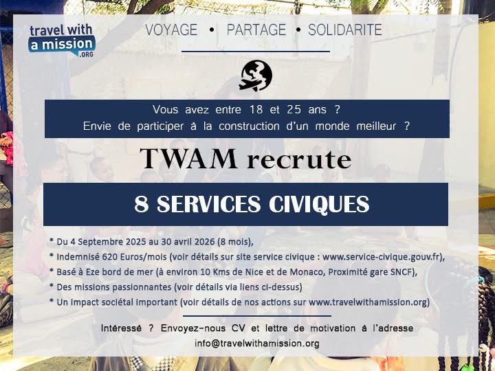 TWAM RECRUTE 8 SERVICES CIVIQUES !

Le recrutement pour la promotion 2025-2026 des services civiques TWAM est lancée. 

Nous recrutons 8 personnes cette année du 4 septembre 2025 au 30 avril 2026.

Tous les détails ici : travelwithamission.org/nousrejoindre/…
