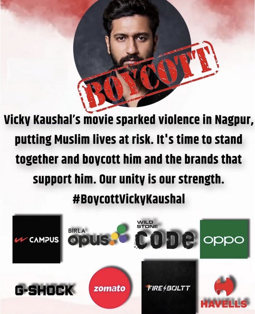 MujakirAli's tweet photo. Your one small effort can bring a big impact 🫡
Boycott @vickykaushal09 

 #NagpurViolence #chavaa #BoycottVickyKaushal https://t.co/ZyYGvW8nvv