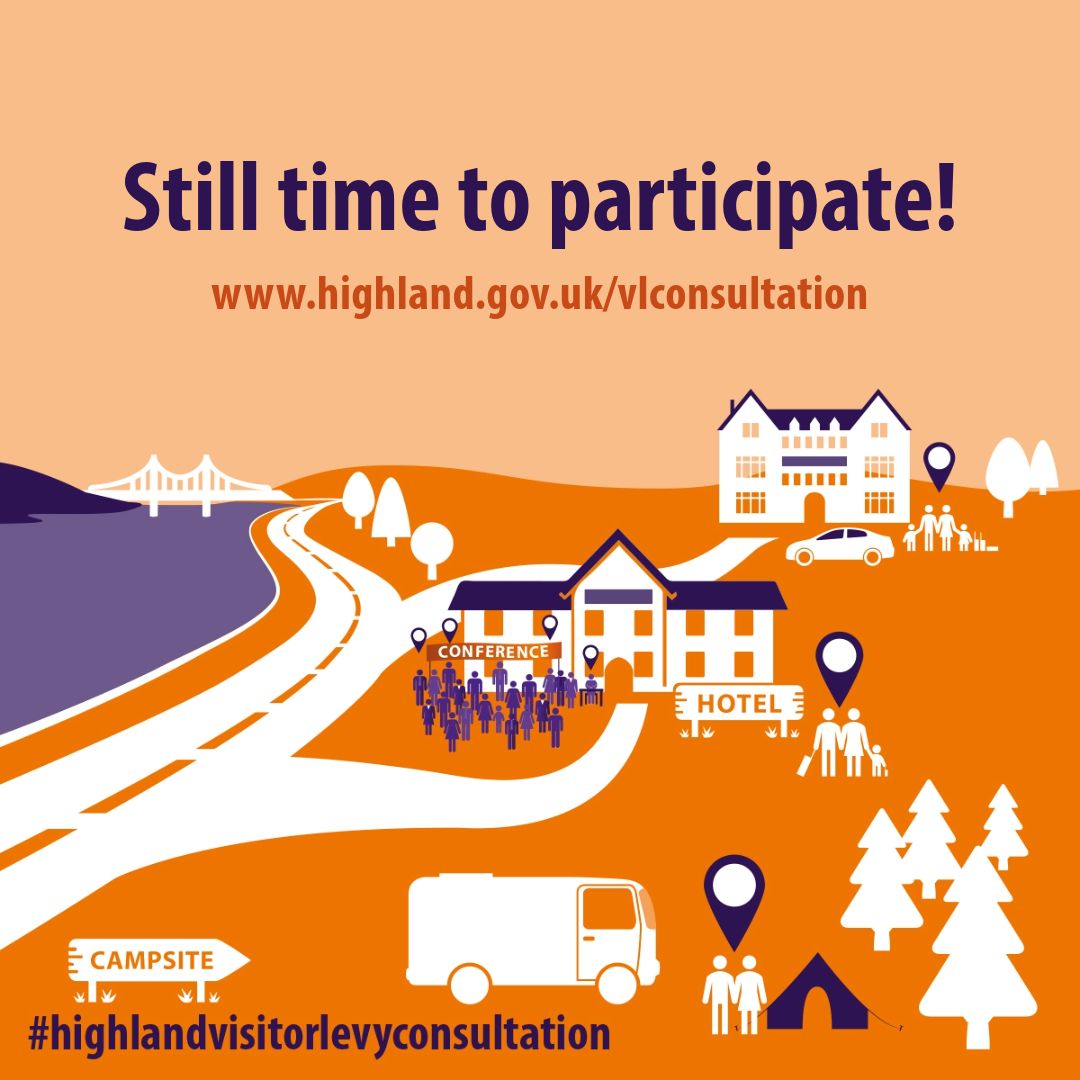 ⏰ The public consultation period on the implementation of a Visitor Levy Scheme in Highland closes a week from today on Monday 31 March 2025. Share your views now to ensure your voice is heard. 

⬇️ Complete the consultation survey 
buff.ly/MMDZXgf