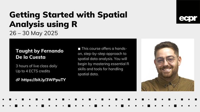 European Consortium for Political Research (@ecpr) on Twitter photo ⭐ Master spatial data analysis with #R!
💡 This hands-on course covers spatial patterns, geolocation, GIS & quasi-experimental methods for social & political sciences
👩🏫 <a href="/FdelaCues/">Fernando De la Cuesta</a>
📆 26–30 May
👉 Secure your space now bit.ly/3WPpuTY ⭐ Master spatial data analysis with #R!
💡 This hands-on course covers spatial patterns, geolocation, GIS & quasi-experimental methods for social & political sciences
👩🏫 <a href="/FdelaCues/">Fernando De la Cuesta</a>
📆 26–30 May
👉 Secure your space now bit.ly/3WPpuTY