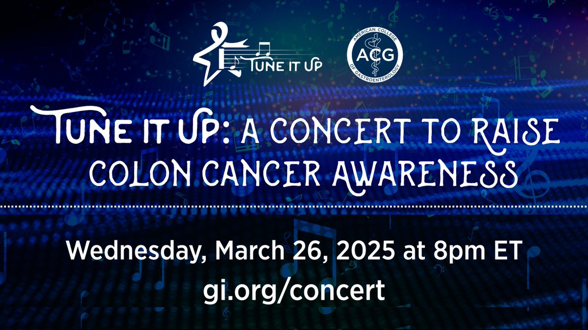 ACG (@amcollegegastro) on Twitter photo Tune in this Wednesday for #TuneItUp: A Concert to Raise Awareness of Colorectal Cancer!
March 26 @ 8 pm ET, streaming online
Ft. <a href="/blues_traveler/">Blues Traveler</a>, <a href="/adamlambert/">ADAM LAMBERT</a>, <a href="/switchfoot/">Switchfoot</a> & many more, shining a light on colorectal cancer prevention!
🎶gi.org/concert🎶
<a href="/BenLevyCello/">Benjamin Levy</a> Tune in this Wednesday for #TuneItUp: A Concert to Raise Awareness of Colorectal Cancer!
March 26 @ 8 pm ET, streaming online
Ft. <a href="/blues_traveler/">Blues Traveler</a>, <a href="/adamlambert/">ADAM LAMBERT</a>, <a href="/switchfoot/">Switchfoot</a> & many more, shining a light on colorectal cancer prevention!
🎶gi.org/concert🎶
<a href="/BenLevyCello/">Benjamin Levy</a>