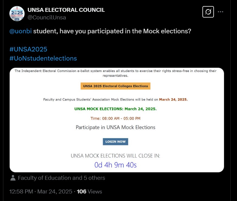juliusmoryuki's tweet image. Today is @CouncilUnsa Mock Elections, purpose to participate by Log in using your AD credentials.
#UNSA2025 #UoNstudentelections
@uonbi #WeareUoN