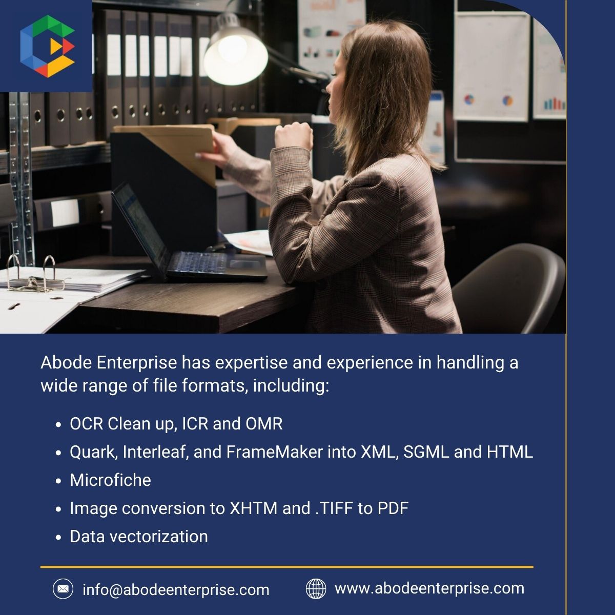 AbodeEnterprise's tweet image. Abode Enterprise has expertise and experience in handling a wide range of file formats, including:

📧 info@abodeenterprise.com
🌐 bit.ly/3ESVHUv
#abodeenterprise #datacollectation #dataprocessing
#datamanagement #dataentry #fileformats