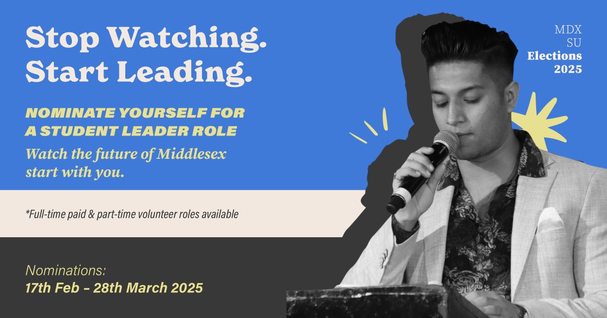 MDXSU (@middlesexsu) on Twitter photo Final week for Elections 2025! If youāve been thinking about running for a Student Officer or Student Trustee role, now is the time to do it.
Deadline is 28th of March, so donāt miss this opportunity.
If you have any questions, email elections@mdx.ac.uk or DM us. Final week for Elections 2025! If youāve been thinking about running for a Student Officer or Student Trustee role, now is the time to do it.
Deadline is 28th of March, so donāt miss this opportunity.
If you have any questions, email elections@mdx.ac.uk or DM us.