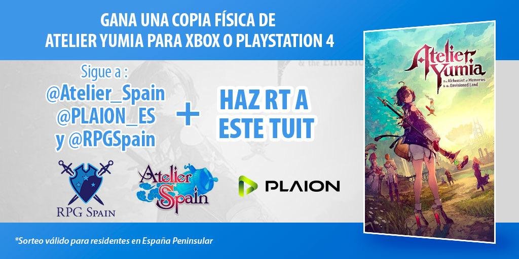 Atelier Saga Spain (@atelier_spain) on Twitter photo ¡Sorpresa! ¡Sorteamos una copia física de Atelier Yumia para PS4 y para Xbox!
* Sigue a <a href="/Atelier_Spain/">Atelier Saga Spain</a>
* Sigue a <a href="/RpgSpain/">RPG Spain</a>
* Sigue a <a href="/PLAION_ES/">PLAION España 🐥</a>
* RT a este tweet
* Deja un comentario con la plataforma que prefieres
Hasta el 31/04 - Sólo España - No válidas cuentas de sorteos ¡Sorpresa! ¡Sorteamos una copia física de Atelier Yumia para PS4 y para Xbox!
* Sigue a <a href="/Atelier_Spain/">Atelier Saga Spain</a>
* Sigue a <a href="/RpgSpain/">RPG Spain</a>
* Sigue a <a href="/PLAION_ES/">PLAION España 🐥</a>
* RT a este tweet
* Deja un comentario con la plataforma que prefieres
Hasta el 31/04 - Sólo España - No válidas cuentas de sorteos