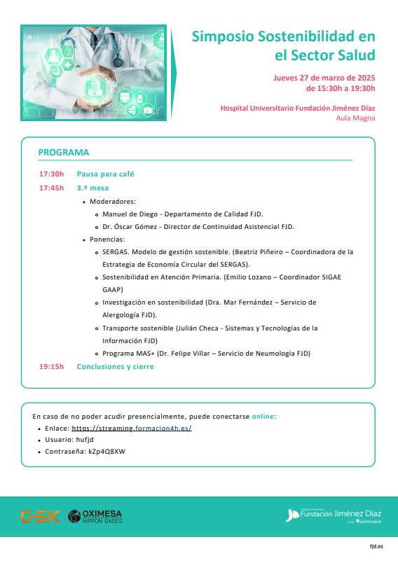 #Agenda 📆 Este jueves 27 de marzo celebraremos el simposio "Sostenibilidad en el Sector Salud". Te esperamos en nuestra Aula Magna a partir de las 15:30h., o puedes seguirlo por streaming en este enlace: f.mtr.cool/ekrdghykag con el usuario "hufjd" y la contraseña "kZp4Q8XW"