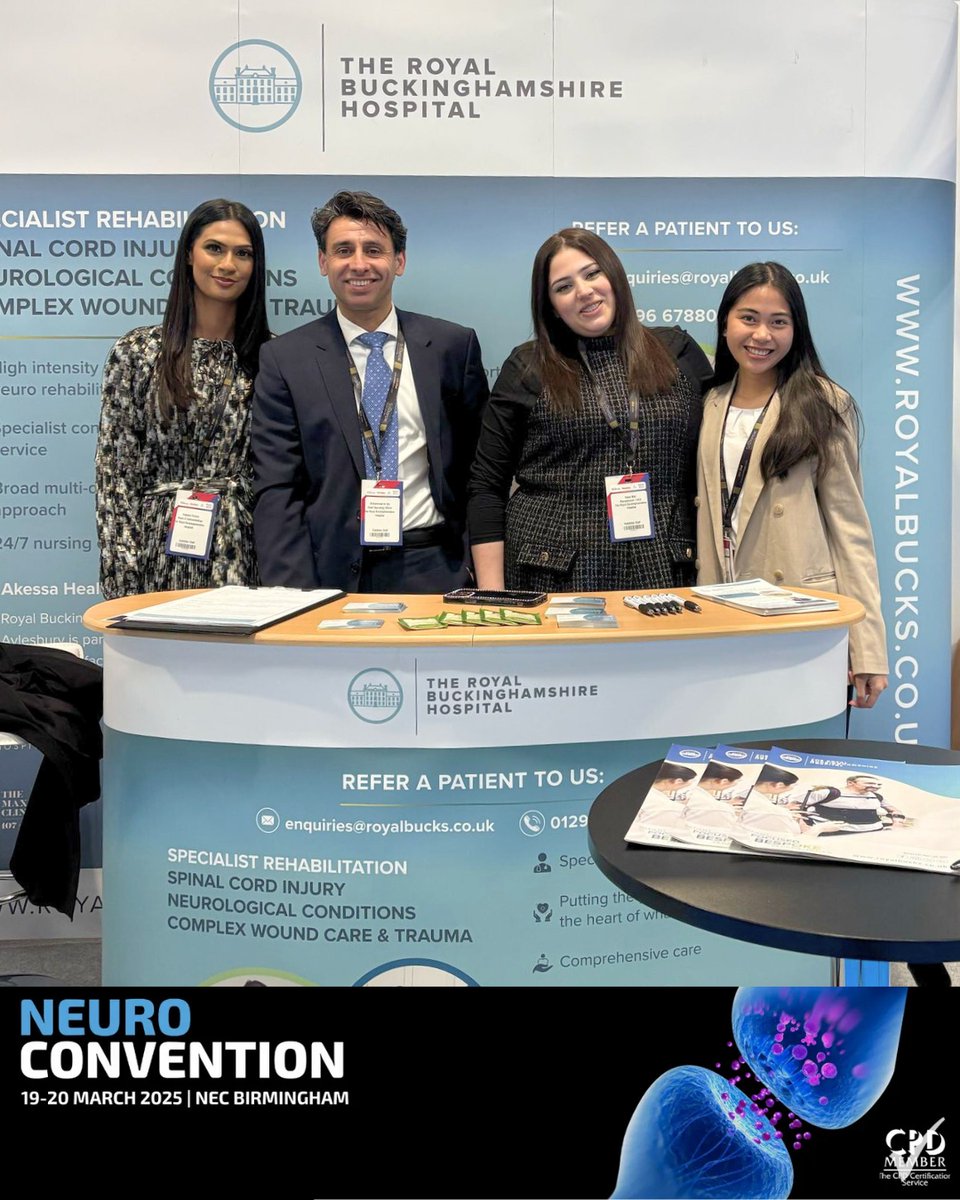 Our Royal Buckinghamshire Hospital team exhibited at the Neuro Convention at Birmingham NEC last week, showcasing our specialist neurological rehabilitation services.

Thank you to everyone who stopped by to learn more and connect with us!

#NeuroCon #RoyalBucksHospital