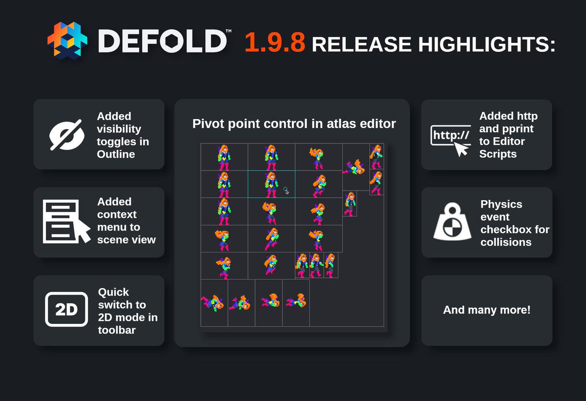 pawel_developer's tweet image. In March Defold released 1.9.8 with i.e. many QoL improvements for Editor and enabled new possibilities for customizing workflow with additions to Editor Scripts!
Check out full Release Notes:
forum.defold.com/t/defold-1-9-8…
@defold #MadeWithDefold #defold #gameengine