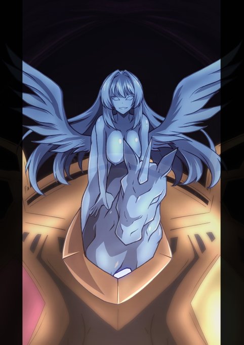 pixivリクエスト:らくがきプラン  その493
内容「ナイオーロΩの上部の蒼いオーブ(宝玉)から、首から上を出現させた幻獣ユニコーンに騎乗及び一体化している天霊真理奈をお願いします」 