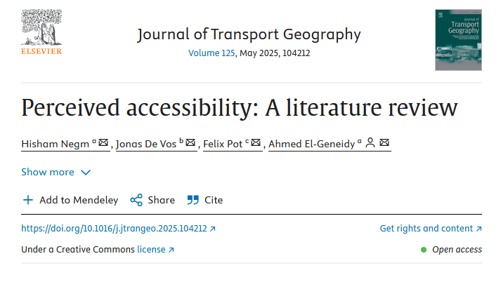 A new literature review paper from our team on Perceived Accessibility with Hisham Negm, Joans De Vos &amp;  Felix Pot an area of research that has been growing rapidly over the past couple  of years. sciencedirect.com/science/articl… funded by <a href="/NSERC_CRSNG/">NSERC / CRSNG</a> &amp; <a href="/SSHRC_CRSH/">SSHRC</a>
