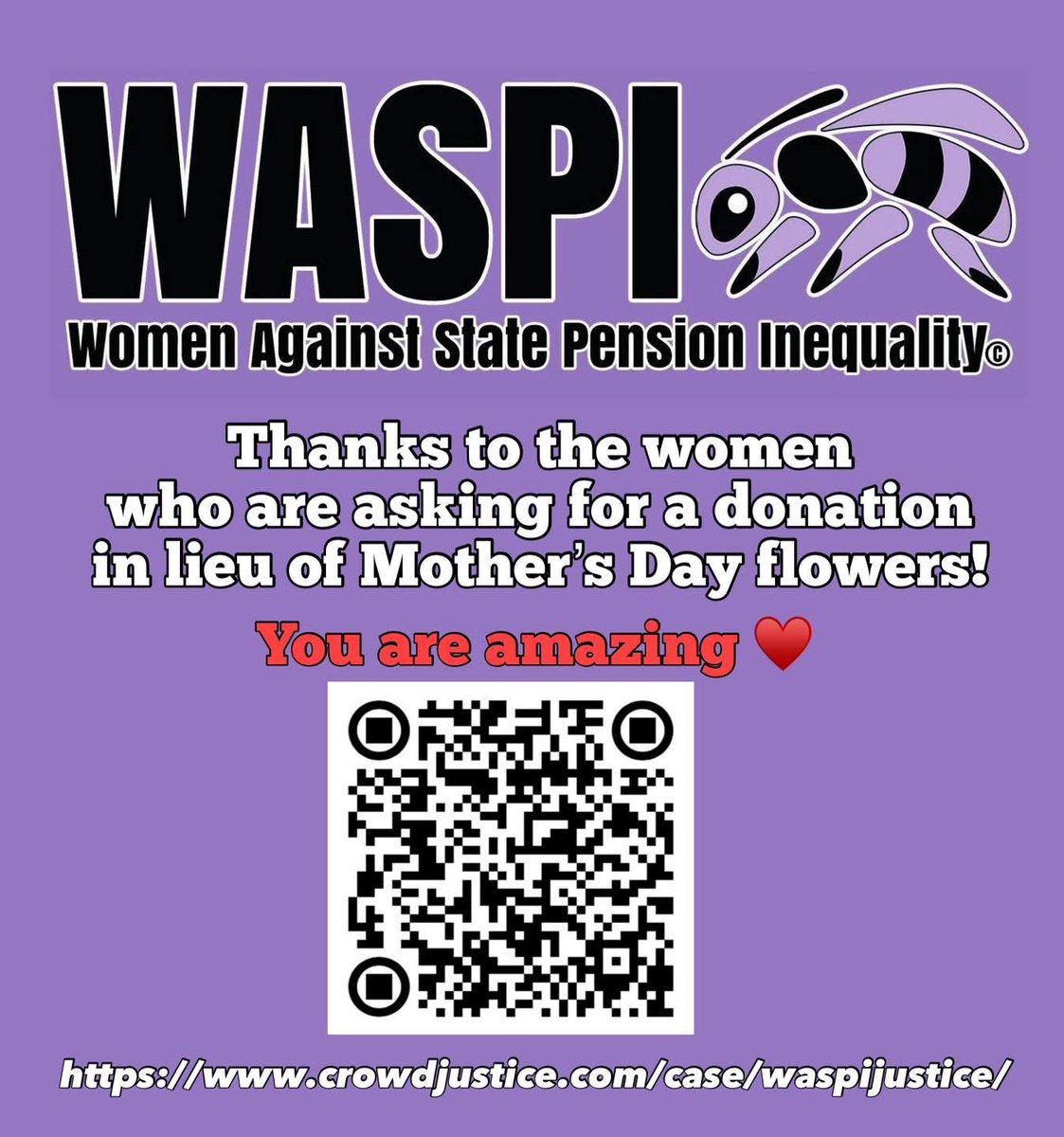 Amazing #WASPI women are telling us they are asking for a donation to our fighting fund as a #mothersdaygift.  That’s how much justice matters to them. We have been kicked down the road, then kicked in the teeth. If you think that's a disgrace, help #WASPI women fight back.
