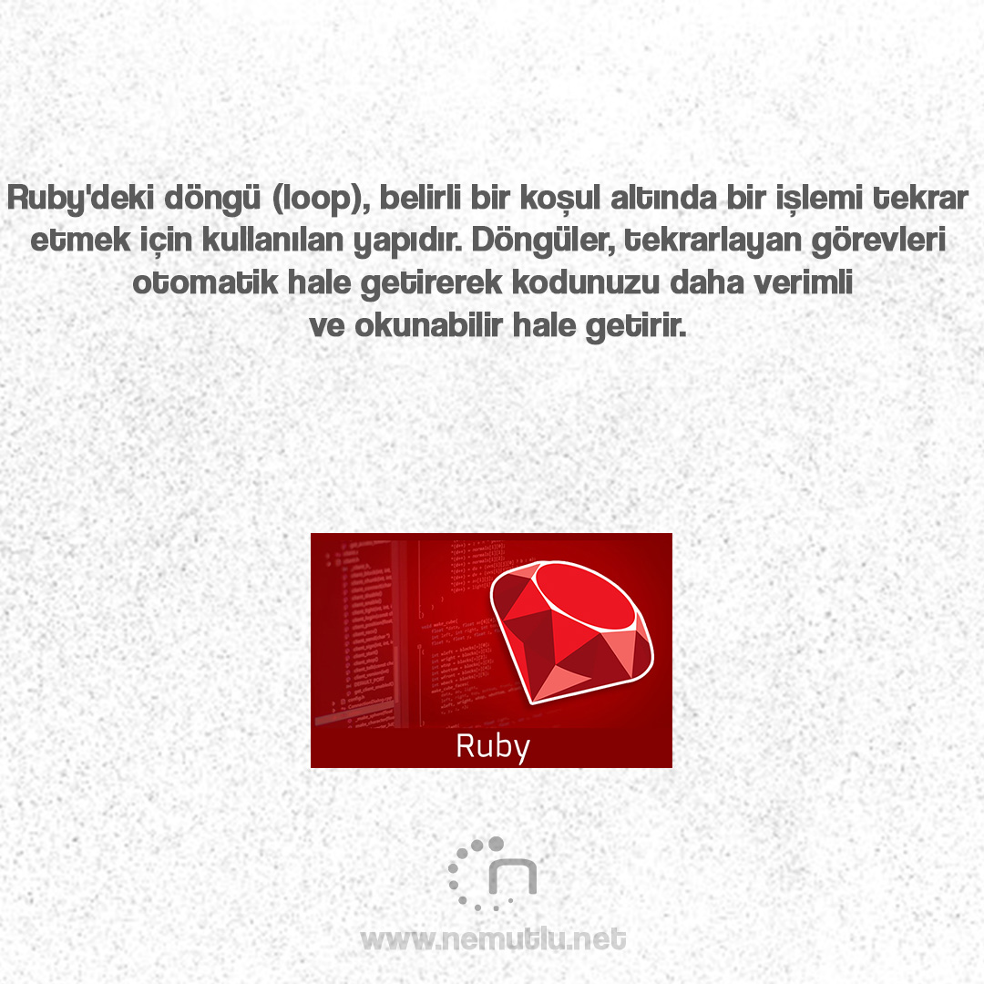 nemutluyazilim's tweet image. Ruby&apos;deki döngü (loop), belirli bir koşul altında bir işlemi tekrar etmek için kullanılan yapıdır. Döngüler, tekrarlayan görevleri otomatik hale getirerek kodunuzu daha verimli ve okunabilir hale getirir.
nemutlu.net
#ruby #yazılım