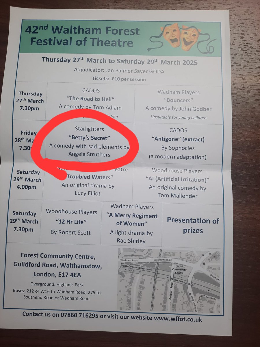 Starlighters are very excited about performing at the WF Drama Festival this week. Our show piece 'Betty's Secret ' is a sad and poignant piece written by our very own Angela Struthers.