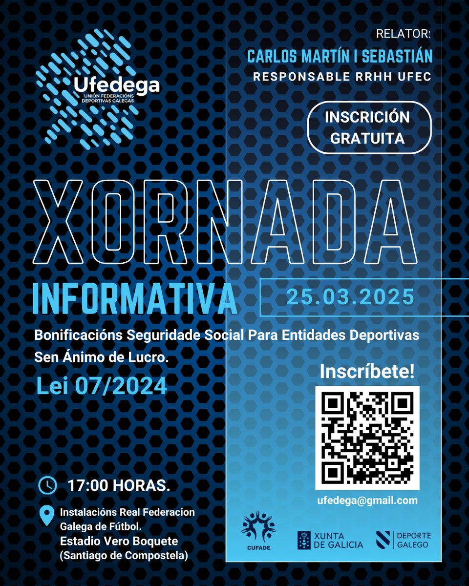 Recordade❗️

Mañá , 25 de marzo, ás 17:00h nas Instalacións da Real Federación Galega de Fútbol, Estadio Vero Boquete (Santiago de Compostela), teremos a a Xornada Informativa 💪🏼

Aquí tedes a ligazón de inscrición: docs.google.com/forms/d/e/1FAI…

#UFEDEGA #AForzaDoDeporteGalego