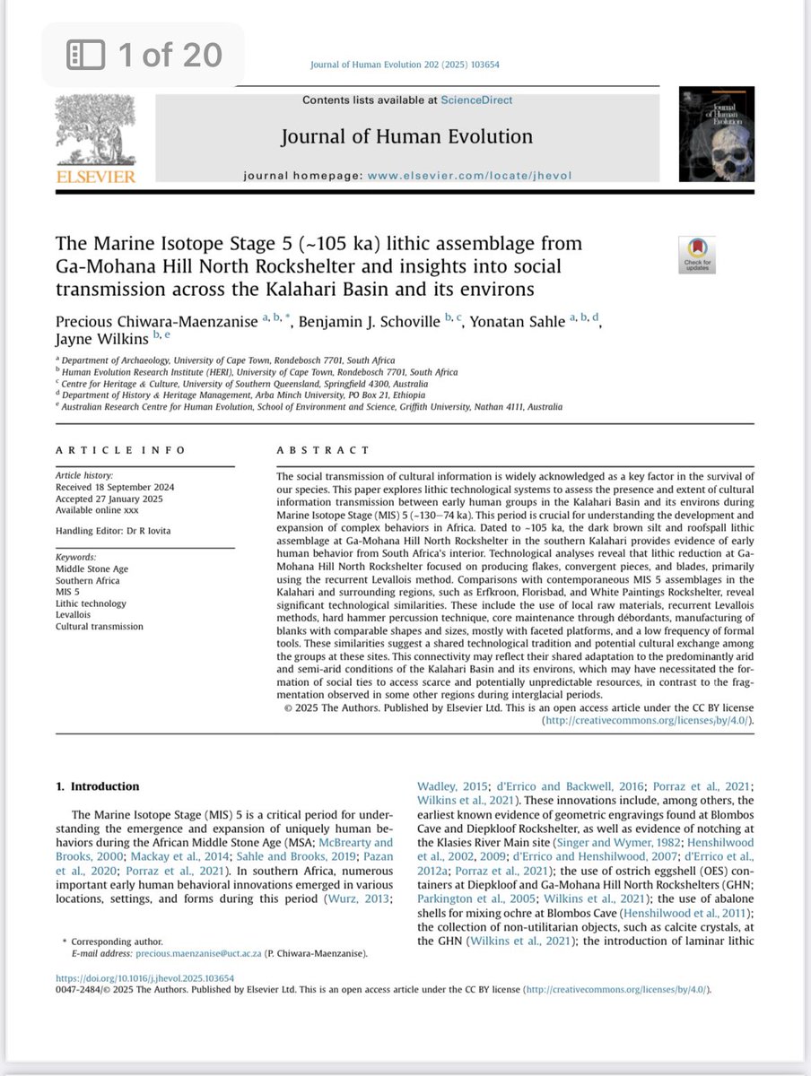 Dr. Precious Chiwara (@drpeechiwara) on Twitter photo New Publication Alert! 🚀
Excited to share my paper, based on my PhD research, published today in the Journal of Human Evolution! 🎉. Thanks to <a href="/YoniSahle/">Yonatan Sahle</a> <a href="/DrJayneWilkins/">Dr. Jayne Wilkins</a> <a href="/bschovil/">Dr Ben Schoville</a> for the support. 🔗 Link to the article here: 👉 authors.elsevier.com/sd/article/S00…
<a href="/heri_uct/">HERI</a> <a href="/GenusPalaeo/">GENUS</a> New Publication Alert! 🚀
Excited to share my paper, based on my PhD research, published today in the Journal of Human Evolution! 🎉. Thanks to <a href="/YoniSahle/">Yonatan Sahle</a> <a href="/DrJayneWilkins/">Dr. Jayne Wilkins</a> <a href="/bschovil/">Dr Ben Schoville</a> for the support. 🔗 Link to the article here: 👉 authors.elsevier.com/sd/article/S00…
<a href="/heri_uct/">HERI</a> <a href="/GenusPalaeo/">GENUS</a>