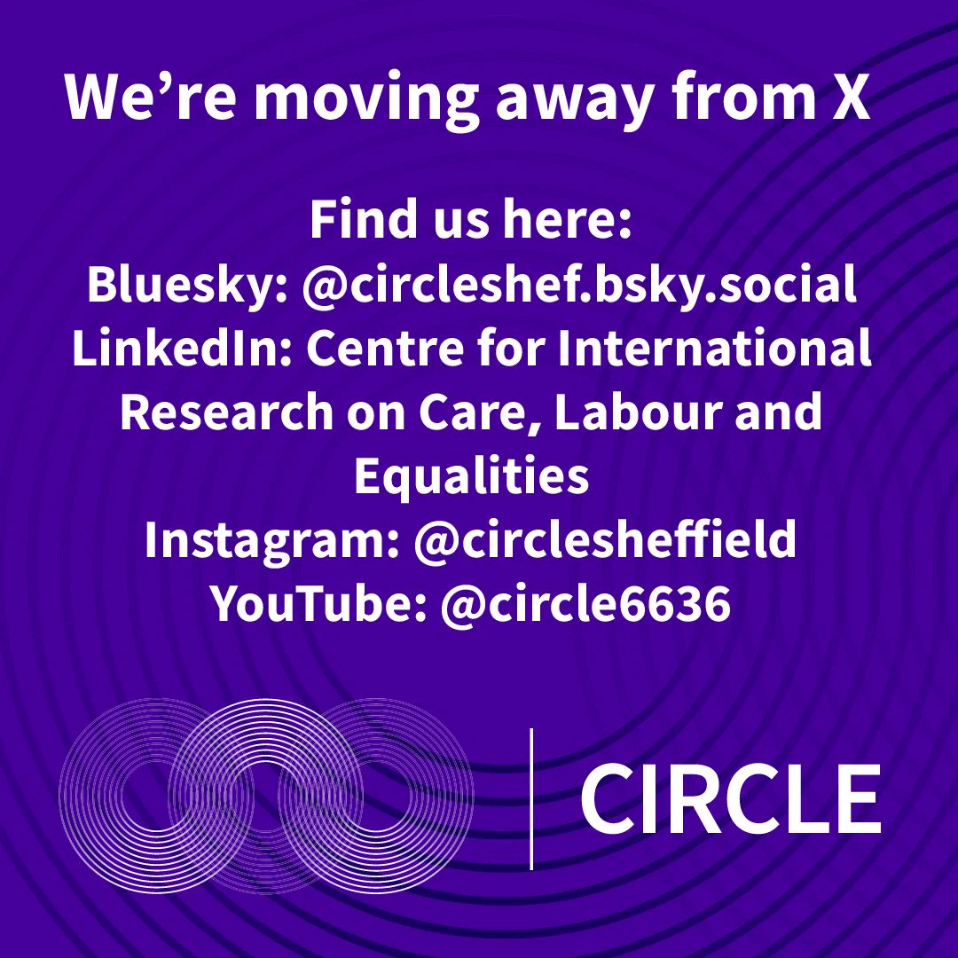 Text: "We're moving away from X,
Find us here:
Bluesky: @circleshef.bsky.social
LinkedIn: Centre for International 
Research on Care, Labour and 
Equalities
Instagram: @circlesheffield
YouTube: @circle6636"
