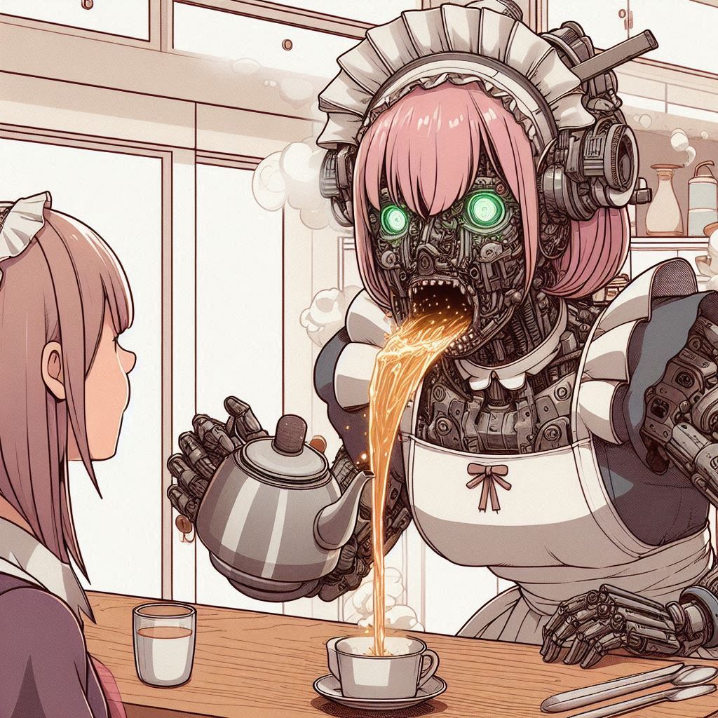 紅茶をそそぐロボメイドのAI絵 