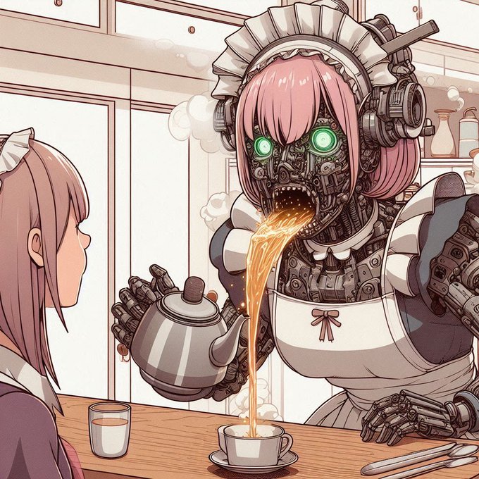 紅茶をそそぐロボメイドのAI絵