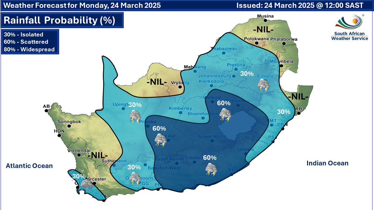 Weather update for today and tomorrow, 24 and 25 March 2025: Isolated to scattered showers and thundershowers but widespread in the south-eastern parts tomorrow. 
#saws #southafricanweather