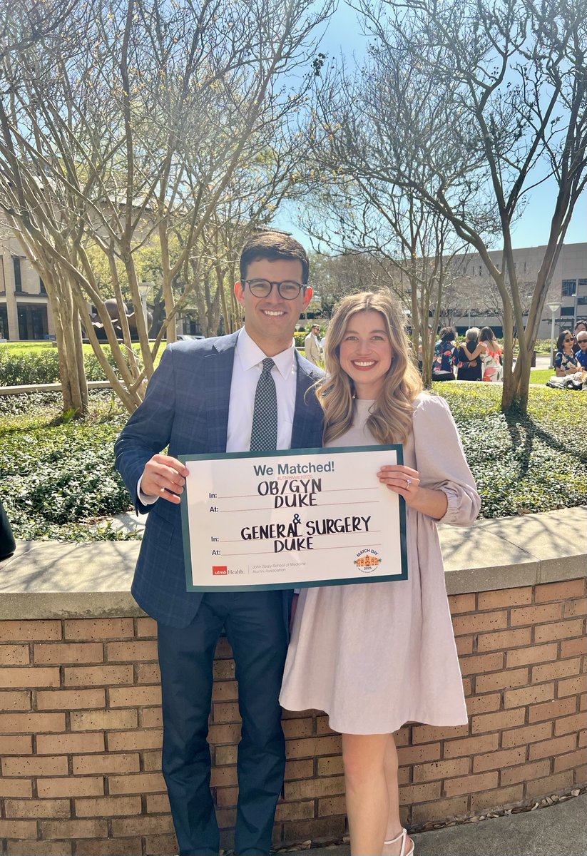 Charles_M_Bowen's tweet image. So excited to join the @DukeSurgRes for the next 7 years! I am so ecstatic @MikaylaMDPhD matched @dukeobgyn!! Couples matching was stressful, but we are GRATEFUL! Thank you to my family, friends, and countless mentors - especially those @UTMBSurgery and @MDAndersonNews!