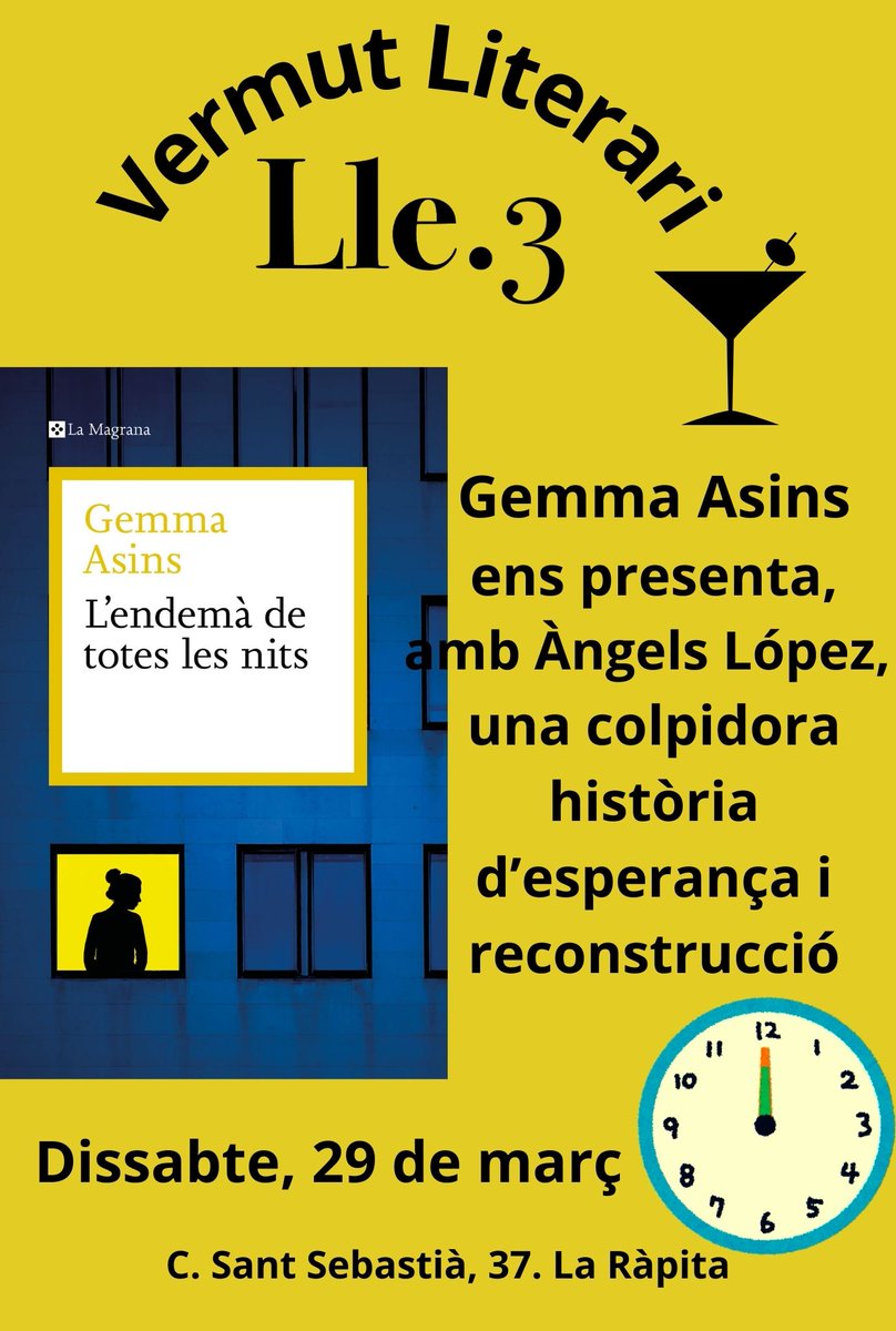 Lle.3 (@lle3_llibreria) on Twitter photo #Bondia Encetem l'última setmana de març i el darrer Vermut Literari amb <a href="/gemmasins/">Gemma Asins</a> i 'L'endemà de totes les nits', acompanyada d'Àngels López. Una història d'esperança i reconstrucció d'una dona que trenca el silenci i s'enfronta al més dolorós que li ha passat a la vida. 🥰 #Bondia Encetem l'última setmana de març i el darrer Vermut Literari amb <a href="/gemmasins/">Gemma Asins</a> i 'L'endemà de totes les nits', acompanyada d'Àngels López. Una història d'esperança i reconstrucció d'una dona que trenca el silenci i s'enfronta al més dolorós que li ha passat a la vida. 🥰