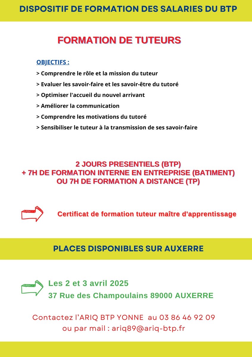 Entreprises du BTP👉 Formation de tuteurs les 2 et 3 avril 2025 à Auxerre -&gt;&gt; Inscrivez-vous !