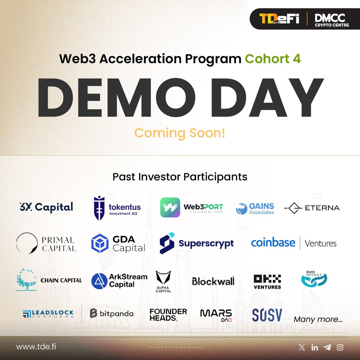 TDe_Fi's tweet image. Cohort 4 Applications Are Open—Will You Be Next?

The most promising #Web3startups don’t just build—they position themselves for success by securing access to top investors and industry leaders.

At our past Demo Days, representatives from 3X Capital, Superscrypt, ArkStream…