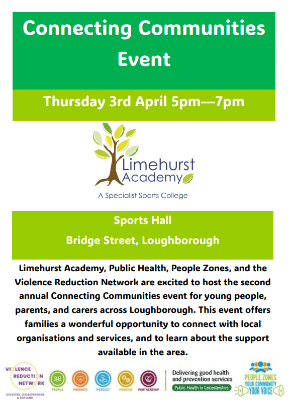 LeicsPeopleZones (@leicpeoplezones) on Twitter photo ๐ข๐ข Come along TODAY to Limehurst Academy's 'Connecting Communities' event & learn about what support is available in #Loughborough for the #safety & #wellbeing of children & #YoungPeople ๐ข๐ข
<a href="/LimehurstAc/">Limehurst Academy</a> <a href="/VR_Network/">Violence Reduction Network LLR</a> <a href="/LeicsPCC/">Leicestershire OPCC</a> ๐ข๐ข Come along TODAY to Limehurst Academy's 'Connecting Communities' event & learn about what support is available in #Loughborough for the #safety & #wellbeing of children & #YoungPeople ๐ข๐ข
<a href="/LimehurstAc/">Limehurst Academy</a> <a href="/VR_Network/">Violence Reduction Network LLR</a> <a href="/LeicsPCC/">Leicestershire OPCC</a>