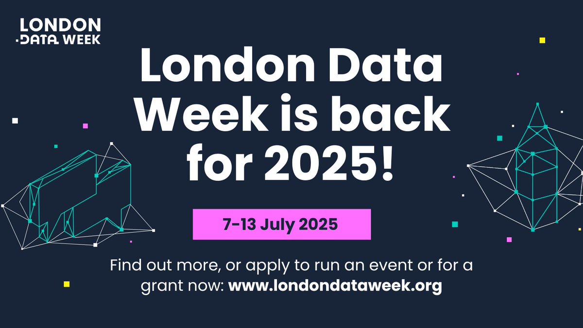 📣 London Data Week is BACK! 🎉 

Join us July 7-13, 2025, for London’s citywide festival of data. Supported by the Mayor of London, be part of the week to show how your organisation uses data to improve Londoners' lives!

Apply now! 👉 londondataweek.org #LondonDataWeek