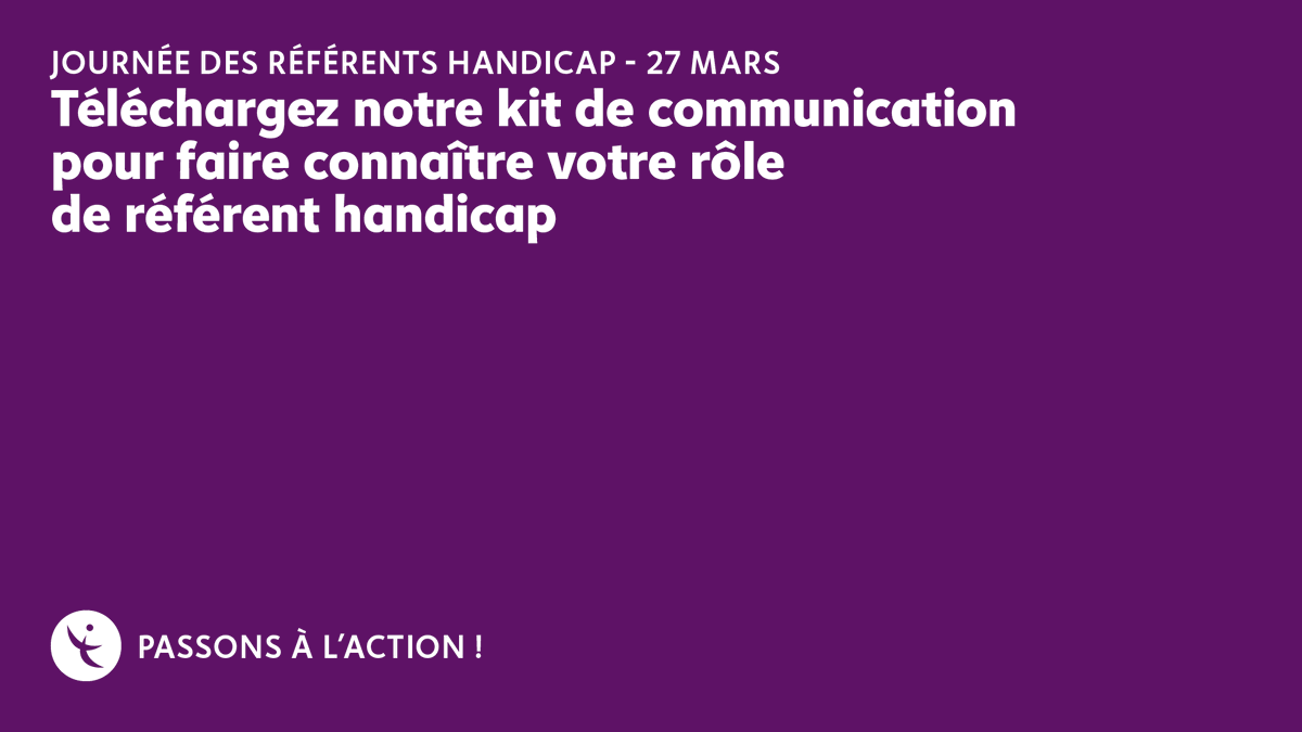 27 mars, la journée des référents handicap. 📅  
Pour cette journée, l'Agefiph vous met à disposition plusieurs outils pour communiquer sur votre rôle en tant que référents handicap. Voici un kit de communication Téléchargez-le dès maintenant : agefiph.fr/evenements-han…  #handicap