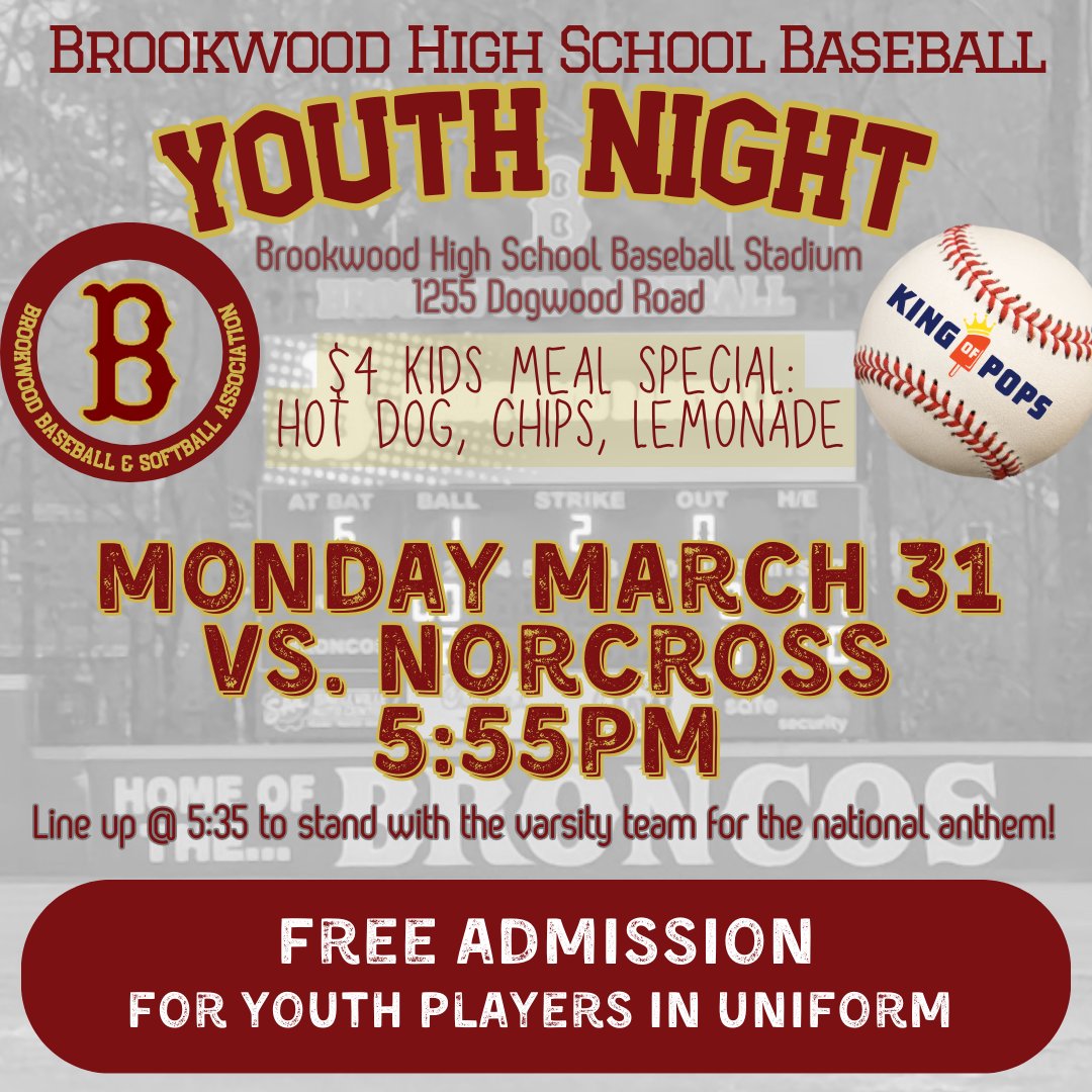 You are invited to Brookwood Baseball's annual Youth Night on Monday, March 31. All youth players in uniform get free admission!