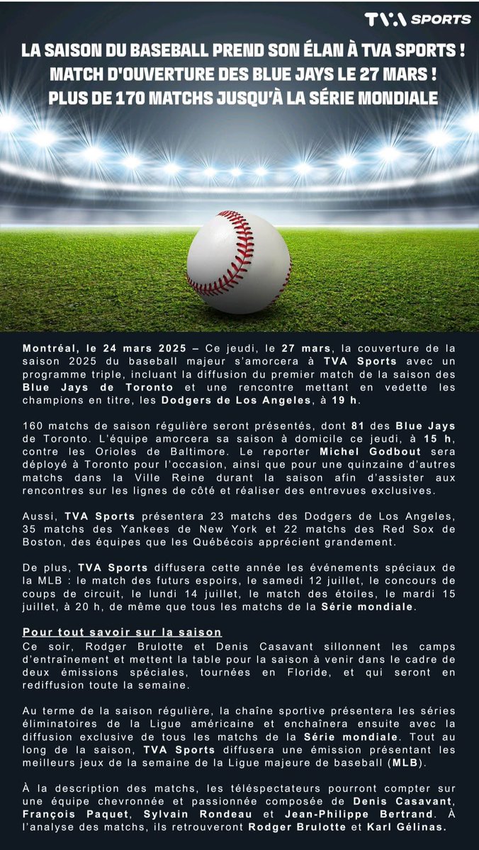 De retour pour une 2e saison à la description des matchs <a href="/MLB/">MLB</a> <a href="/TVASports/">TVA Sports</a> 🎙️