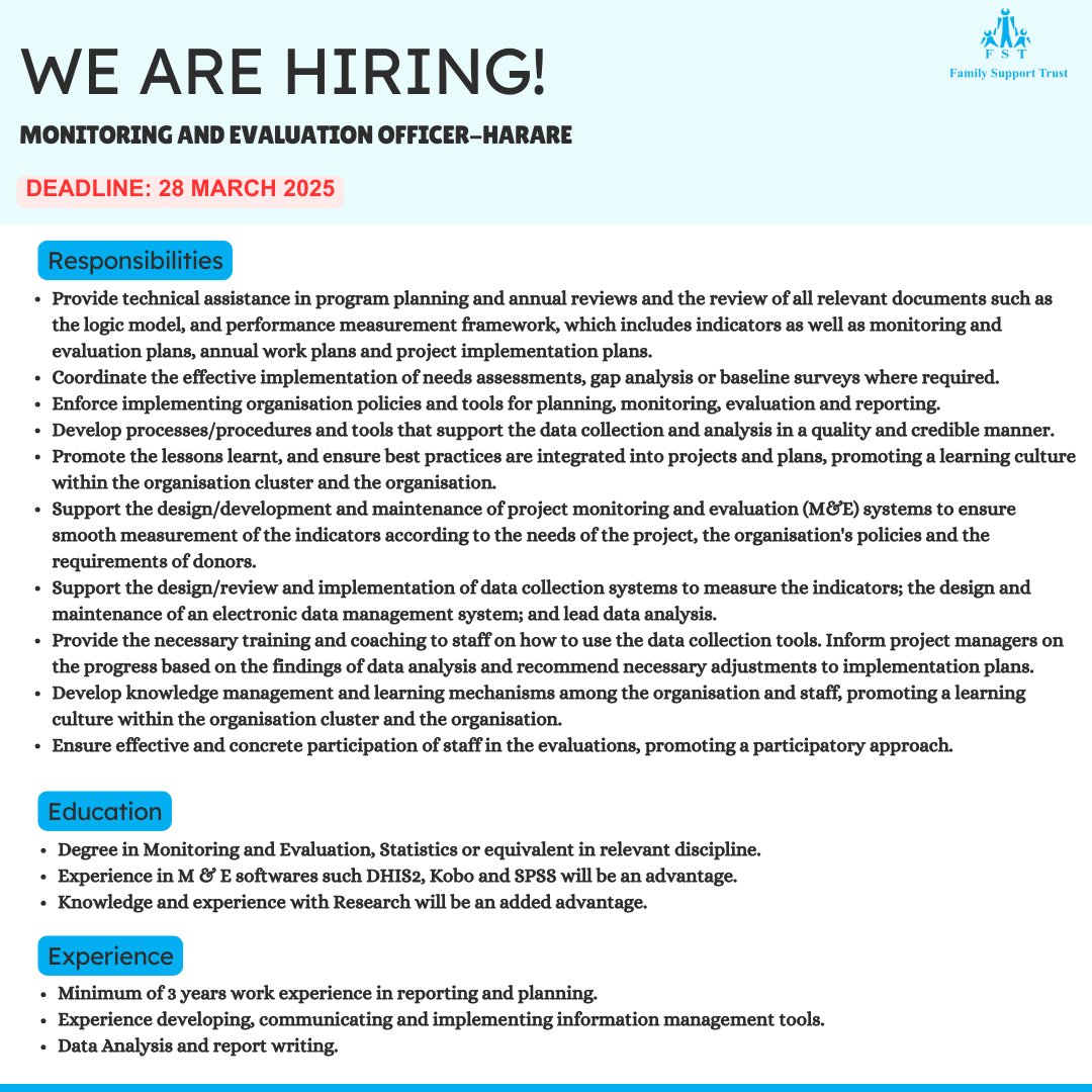 Familysupport_zw (@familysupportz) on Twitter photo Family Support Trust wishes to fill the vacant position of Monitoring and Evaluation Officer. Send your CV and cover letter to info@fst.co.zw by March 28, 2025. #jobopportunity #jobalert #jobsearch #jobseeker #jobopening #JobOpportunities Family Support Trust wishes to fill the vacant position of Monitoring and Evaluation Officer. Send your CV and cover letter to info@fst.co.zw by March 28, 2025. #jobopportunity #jobalert #jobsearch #jobseeker #jobopening #JobOpportunities