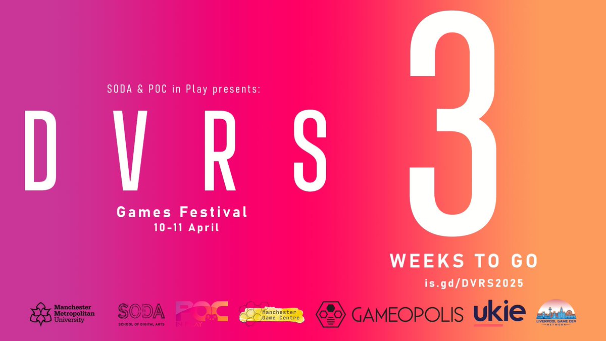 Just 3 weeks to go until DVRS Games Festival launches. Our full line-up and tickets are available on our site with our schedule to be announced next week. 
We also have some surprises to be revealed on the day so secure your tickets whilst they last!

schoolofdigitalarts.mmu.ac.uk/events/dvrs-ga…