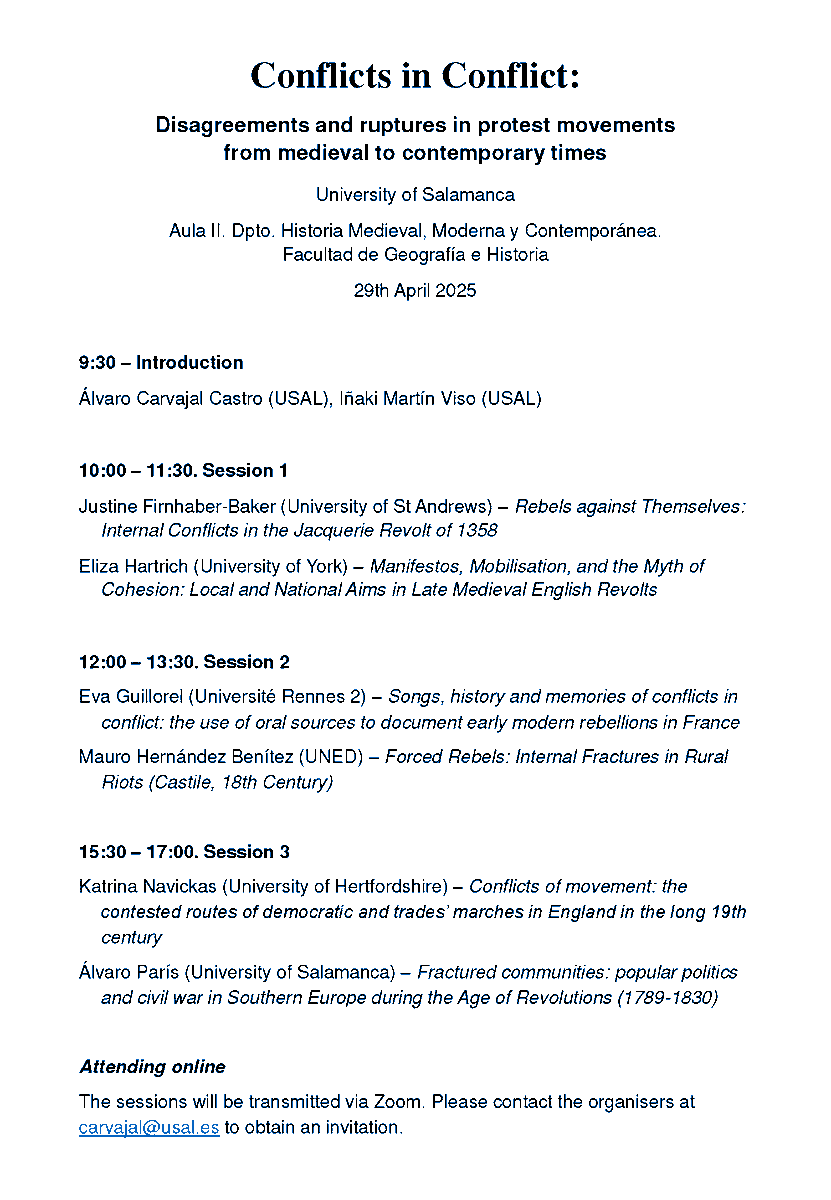 Conflicts in conflict 📢🔥
Disagreements and ruptures in protest movements from medieval to contemporary times

Seminario, 29 abril <a href="/GeoHistoUsal/">Facultad de Geografía e Historia USAL</a> 

🗣️Justine Firnhaber-Baker, Eliza Hartrich, Éva Guillorel, <a href="/katrinanavickas/">Katrina Navickas 🇱🇹🇺🇦</a>, Mauro Hernández 

cambiosyresistencias.es/cic/