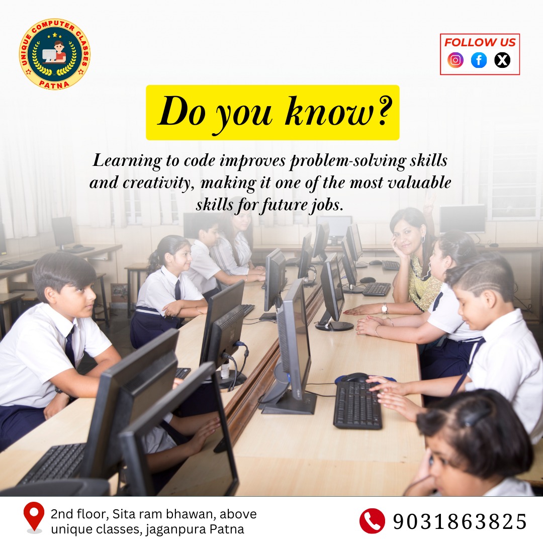 uniquecomputer0's tweet image. 💻🚀 Do you know? Learning to code enhances problem-solving skills &amp;amp; creativity! 🔥
Coding is one of the most valuable skills for future jobs! 🌍👨‍💻
Join Unique Computer Classes and give your child a head start in technology! ✅

#UniqueComputerClasses #LearnToCode