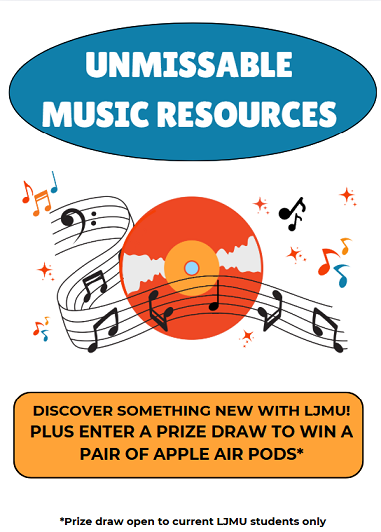 LibaryFest25 - Unmissable music resources - A wide range of music-related publications and videos available @LJMULibrary. SLB Foyer, Tues 25 Mar 12-2pm. Find out more and a chance to win Apple AirPods 4. Details here unica.ljmu.ac.uk/Default.aspx?t…
