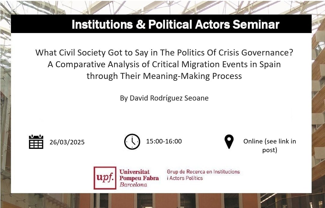 📢Seminar Announcement📢

Back with an exciting online seminar this week. Join us as David Rodríguez Seoane presents his work on the work of civil society during crises. Link for presentation: upf-edu.zoom.us/j/91285424180