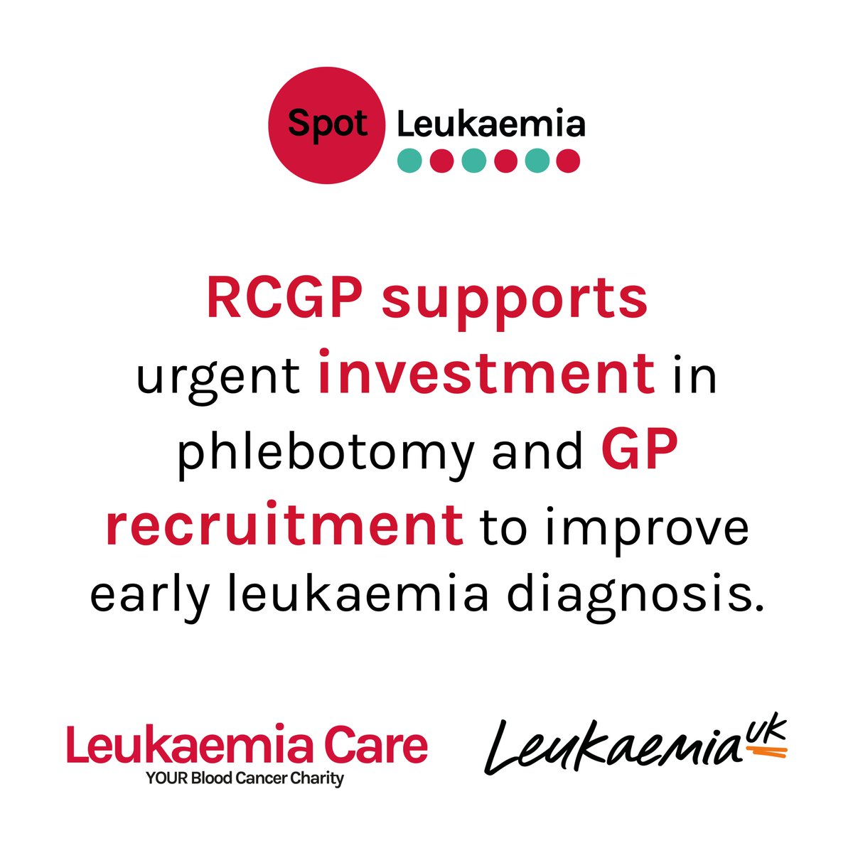 GPs need better access to phlebotomy services to diagnose leukaemia early!

@RCGP supports calls for long-term investment in GP recruitment and retention, alongside increased phlebotomy capacity to break down barriers to early diagnosis.

The government must act! #SpotLeukaemia