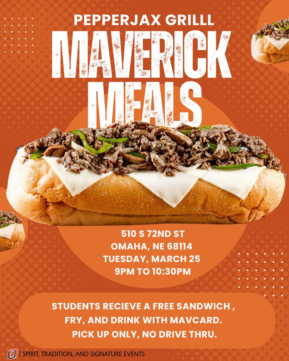 Tuesday, March 25th  9pm - 10:30pm

Welcome back <a href="/UNOmaha/">University of Nebraska at Omaha</a> students!  Hope to see you Tuesday night for our March Maverick Meal!  

Bring $1 to support UNO Dance Marathon and get a free cookie!
