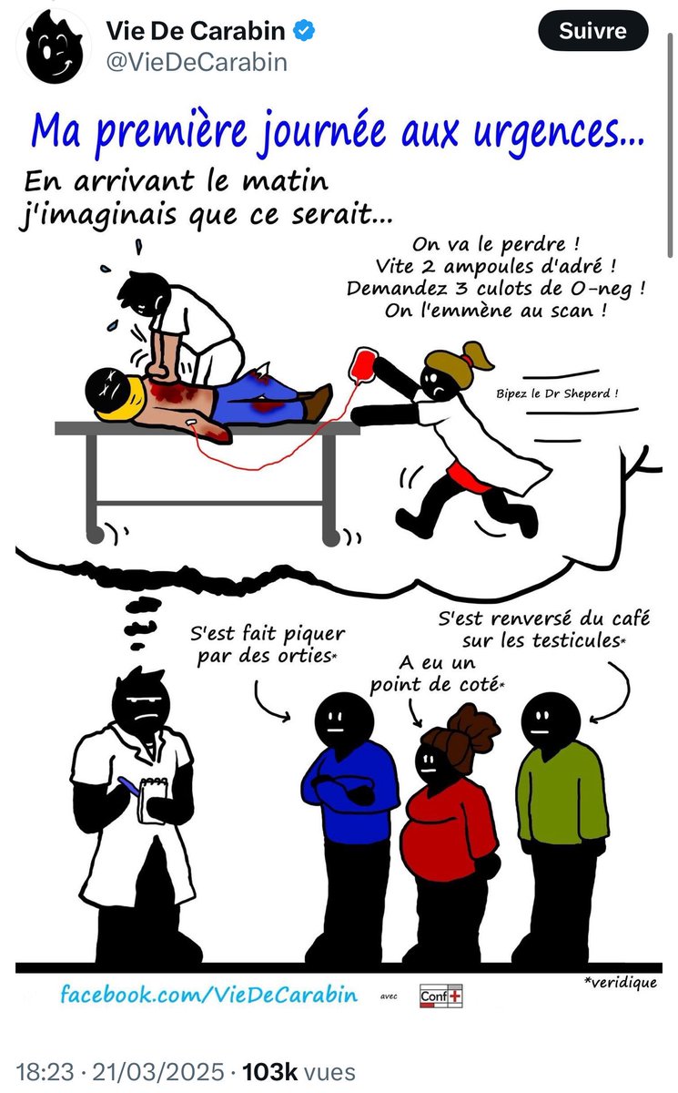 Le problème des urgentistes c'est que vous croyez vivre dans une série télé alors que 90% de votre taff c'est de la médecine générale.
Si vous vouliez gérer que des dingueries, fallait faire de la réa mdr.