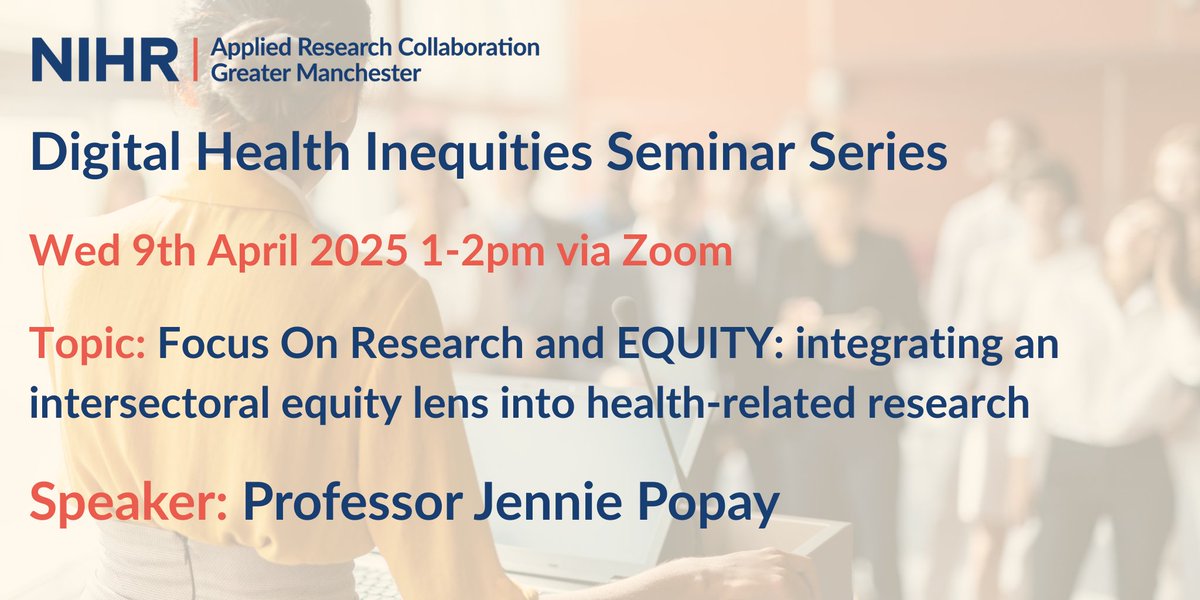 NIHR ARC Greater Manchester (@arc_gm_) on Twitter photo Don't miss the next Digital Health Inequities Seminar!
🔍 Learn about the FOR EQUITY resource & how it supports research to reduce social and health inequalities.
📧 Email digital-inequities@manchester.ac.uk for Zoom details!
#DigitalHealth #HealthEquity Don't miss the next Digital Health Inequities Seminar!
🔍 Learn about the FOR EQUITY resource & how it supports research to reduce social and health inequalities.
📧 Email digital-inequities@manchester.ac.uk for Zoom details!
#DigitalHealth #HealthEquity
